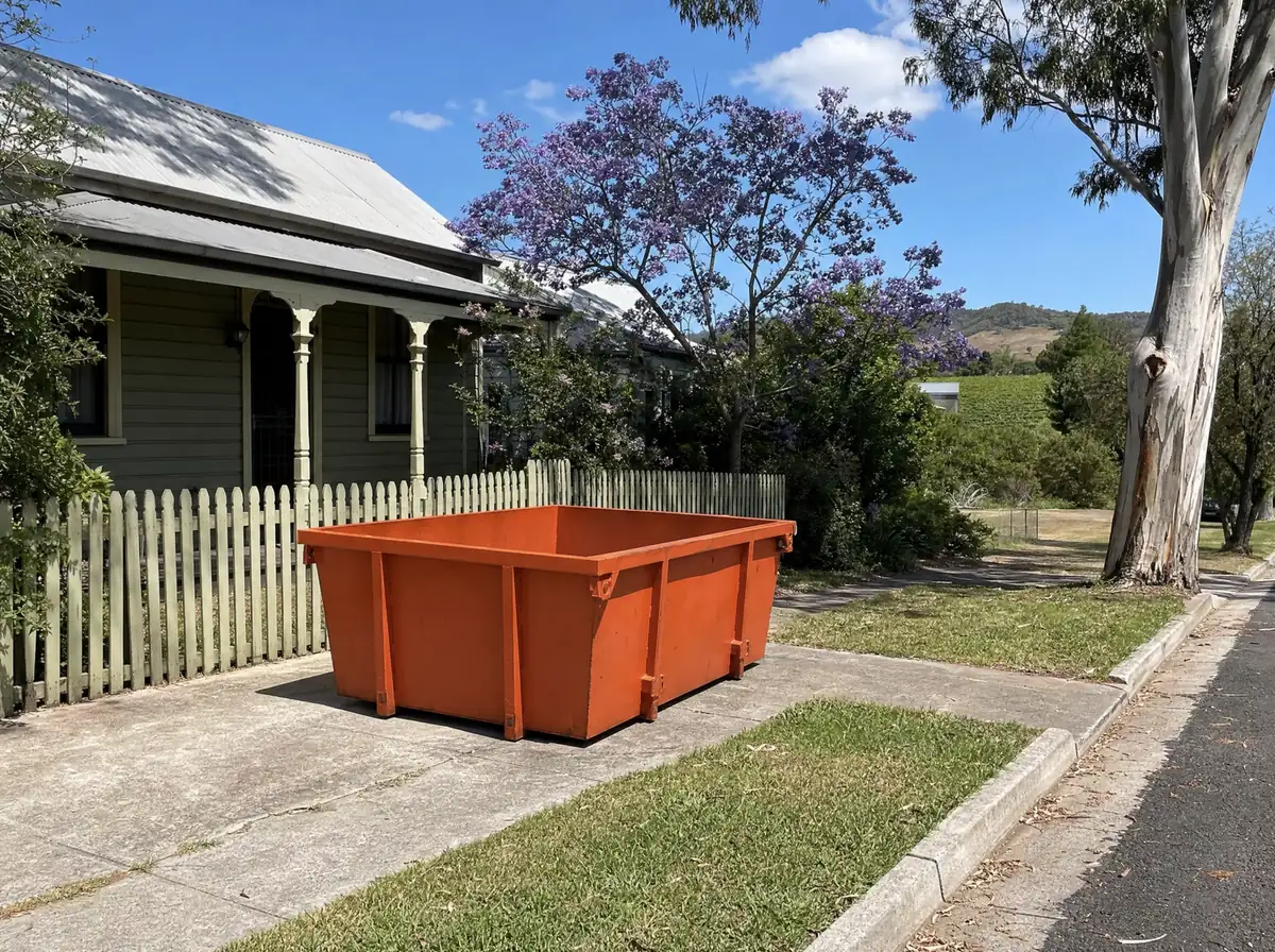 An empty orange skip bin sitting lengthways on the concrete driveway of a weatherboard cottage in Cessnock, a jacaranda in flower and big gums over the street, vineyard-covered hills behind