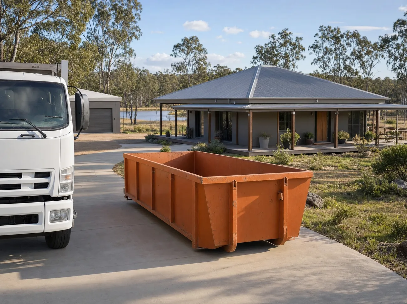 An empty orange skip bin sitting lengthways on the long concrete driveway of an acreage home near Morisset, a skip truck at the edge of frame, dry bushland crowding the cleared pad and a farm dam beyond