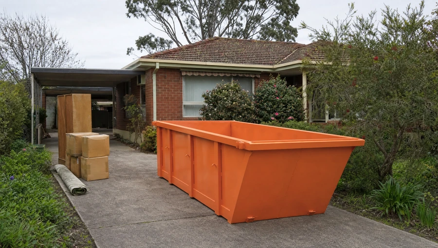 A large empty orange skip bin sitting lengthways on the driveway of an older brick-and-tile Hunter home, cartons and a timber wardrobe stacked alongside it
