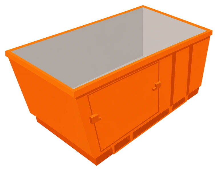 Illustration of a 6 cubic metre orange skip bin with a drop-down walk-in door, longer and taller-sided than the mid-range bin